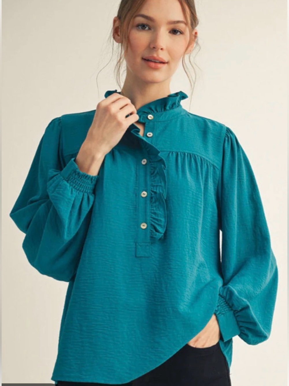 Jodifl Green Ruffle-Yoke Button Front Blouse - Women Small
